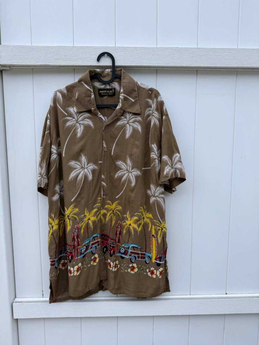 Indocraft Men's Size M Brown Taupe Woody Wagon Palm Tree Rayon Hawaiian Shirt - Picture 2 of 8